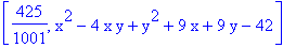 [425/1001, x^2-4*x*y+y^2+9*x+9*y-42]